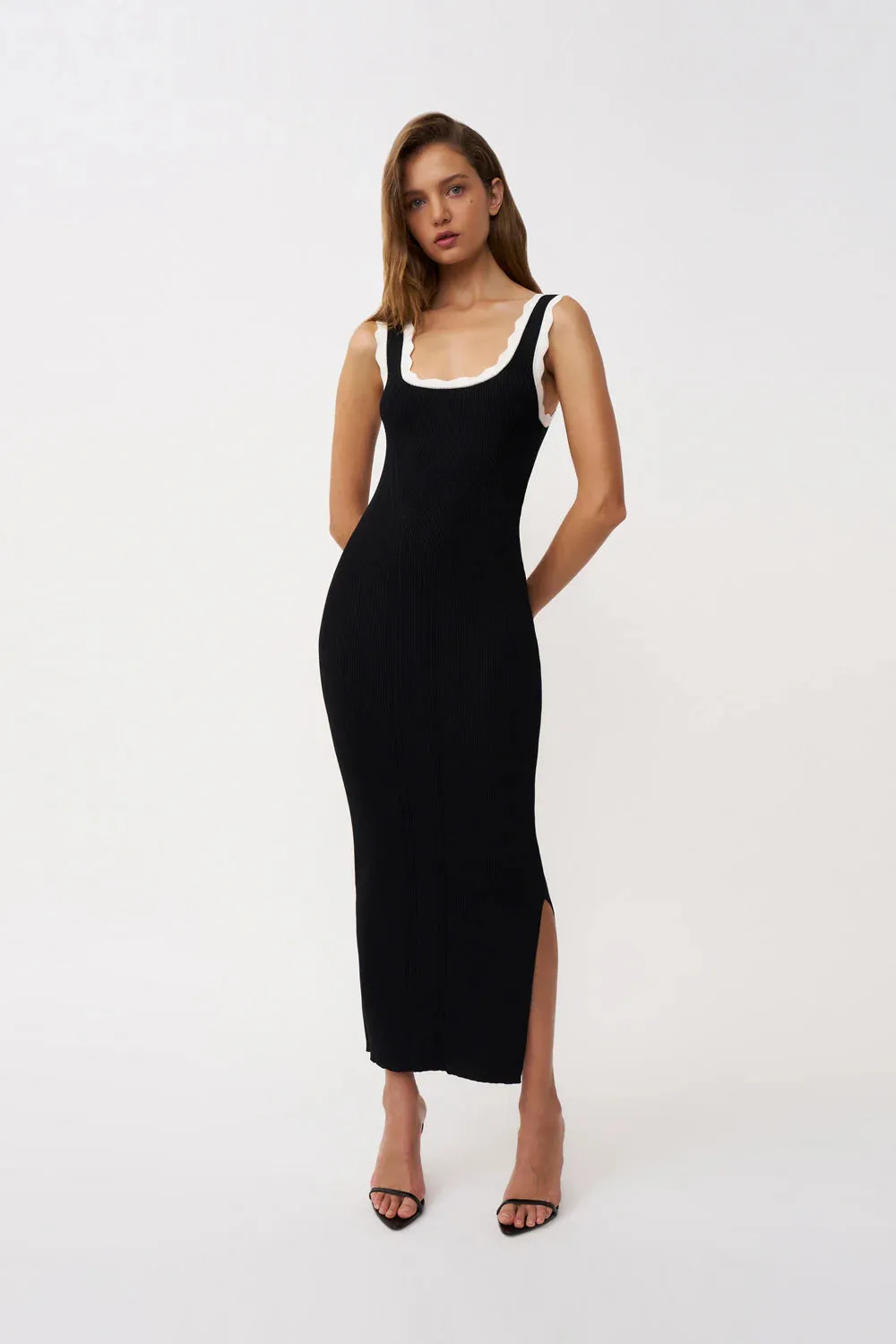 Scallop Trim Knit Dress - Black Ivory