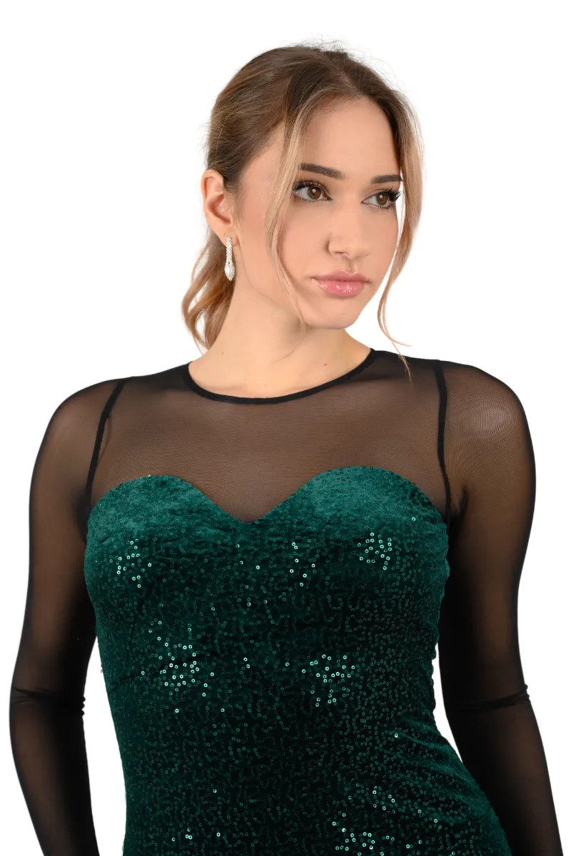 Sequin Dance Dress With Mesh Sleeves