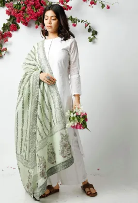 Set of 3: The Tasteful light green Kota Dupatta matched with The Flawless White Kota Kurta and White Pant