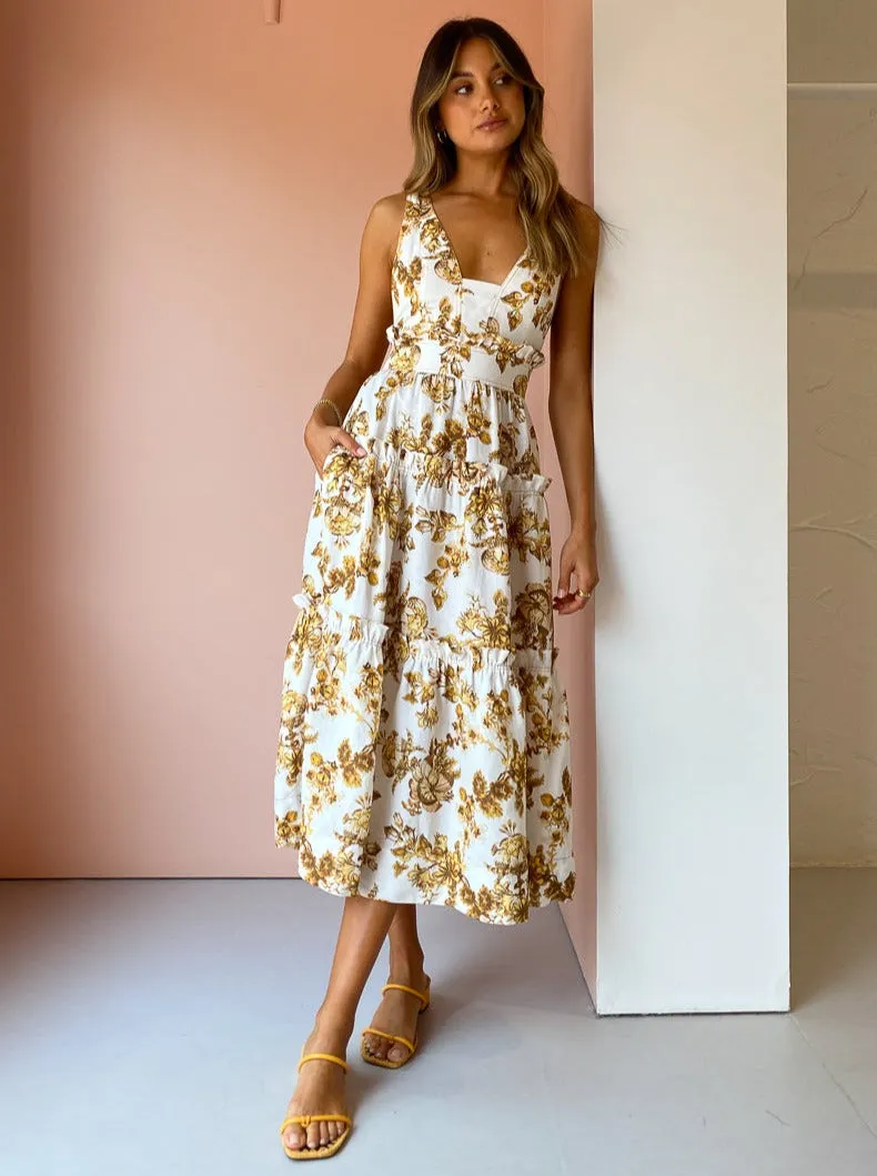 Shona Joy Bella Plunged Tiered Midi Dress in Gold/Multi