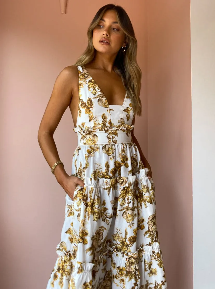 Shona Joy Bella Plunged Tiered Midi Dress in Gold/Multi