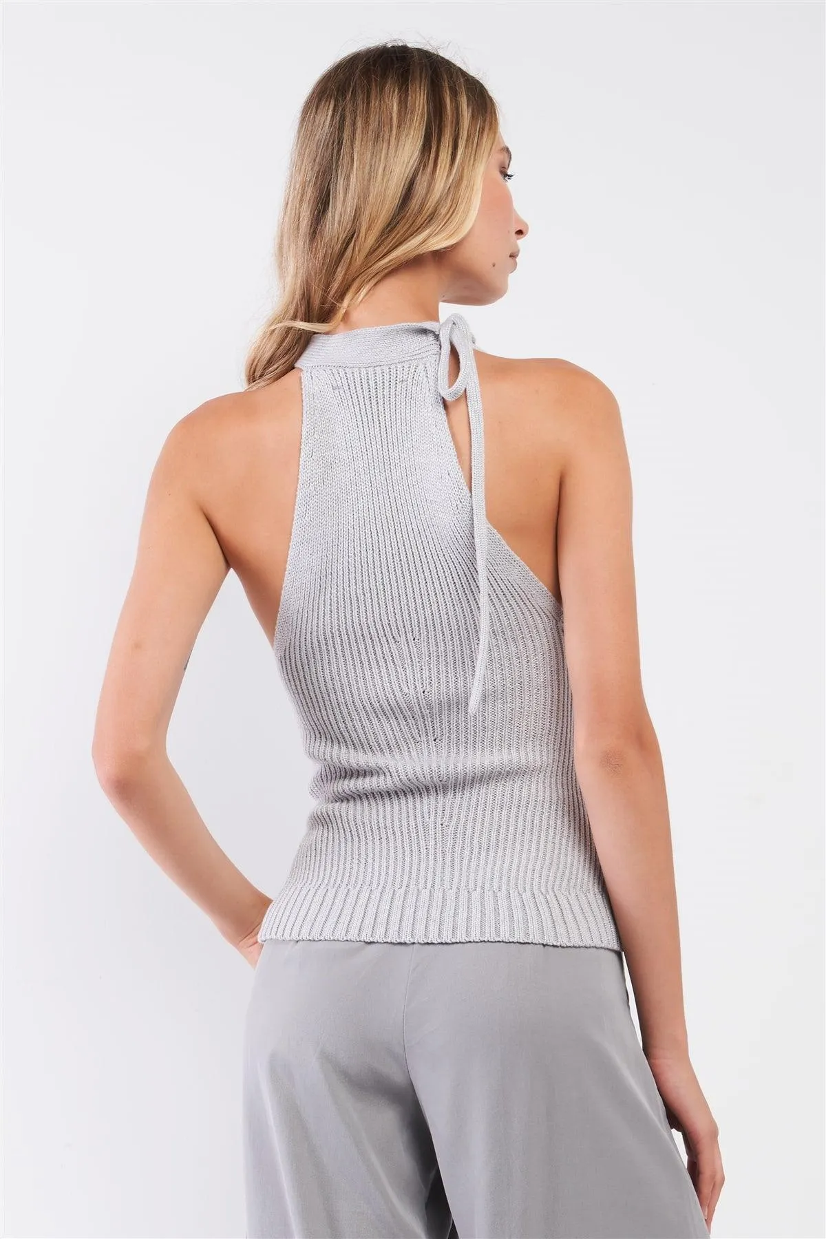 Silver Grey High Neck With Self-Tie Detail On The Side Sleeveless Ribbed Knit Top /3-2-1