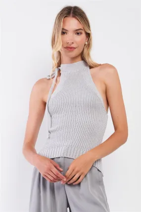 Silver Grey High Neck With Self-Tie Detail On The Side Sleeveless Ribbed Knit Top /3-2-1