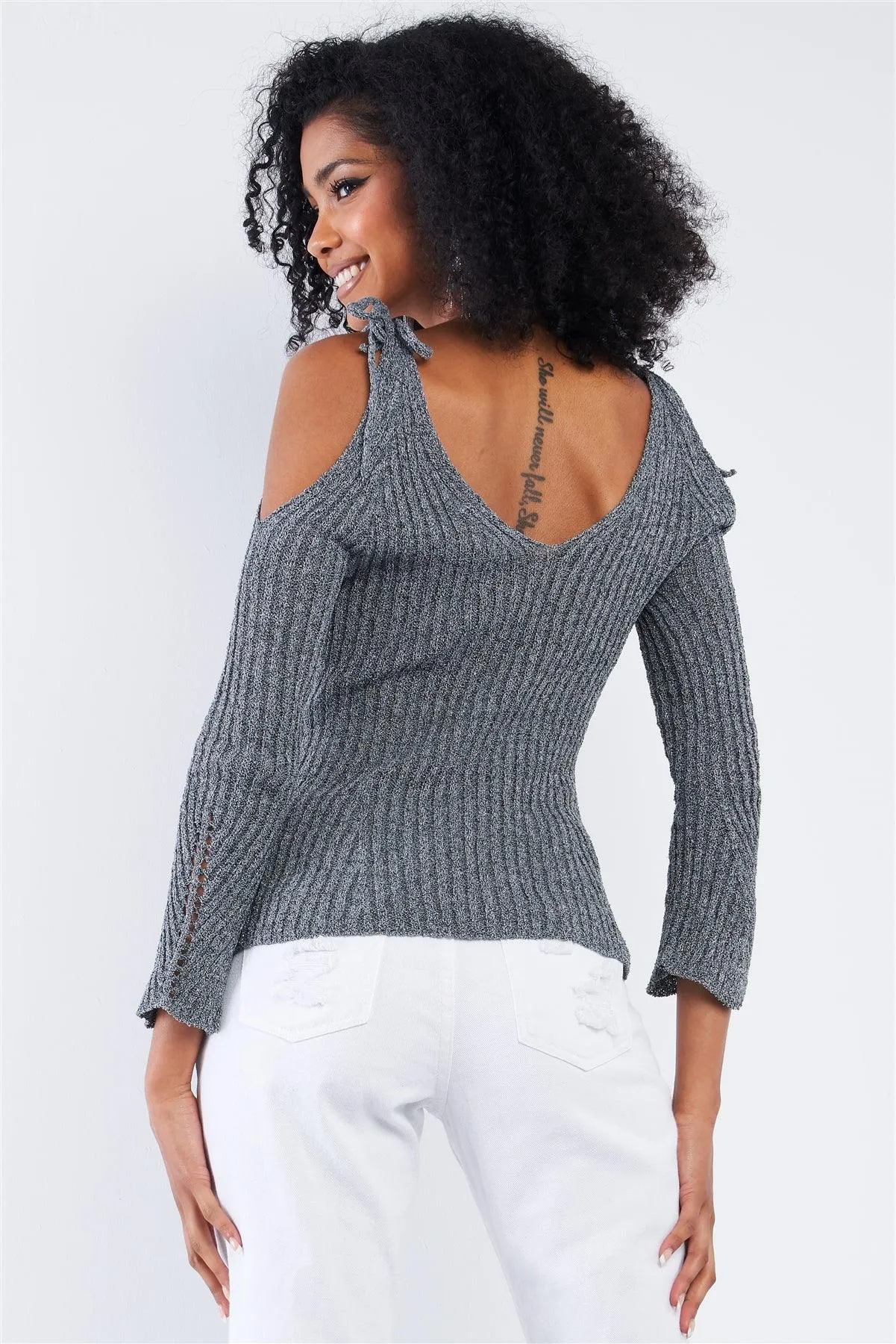 Silver Tinsel Knitted Peek-A-Boo Self Tie Shoulder Top