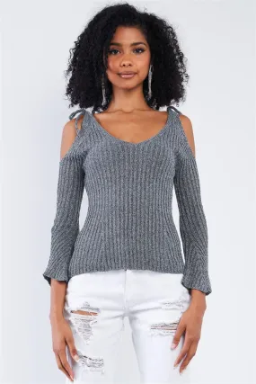 Silver Tinsel Knitted Peek-A-Boo Self Tie Shoulder Top