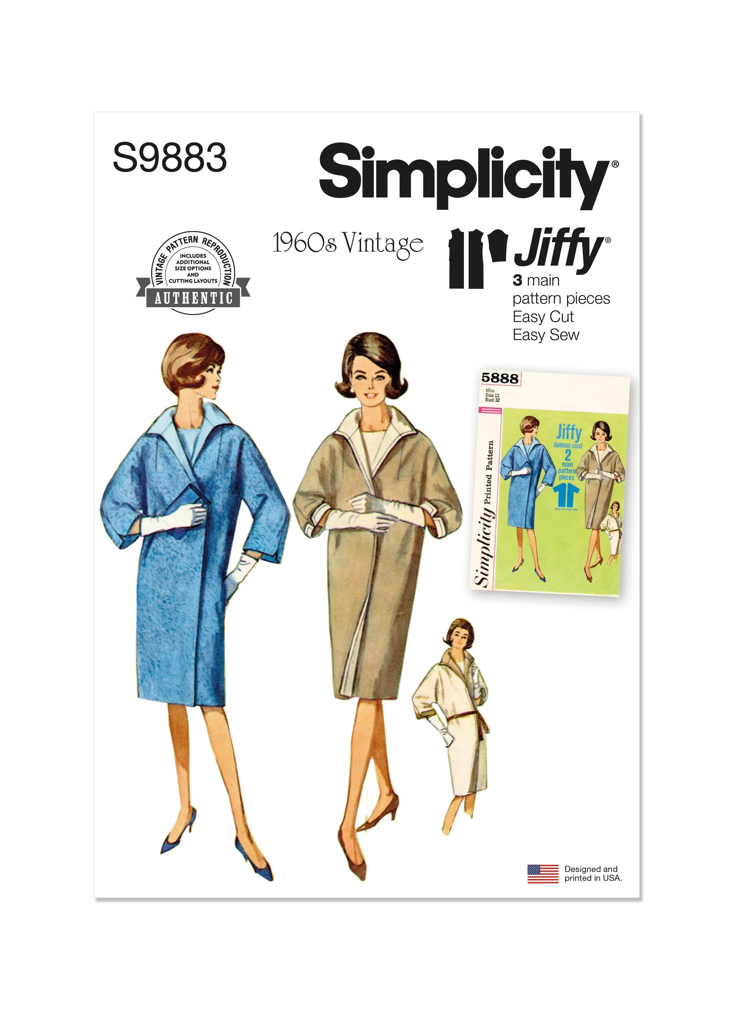 Simplicity Sewing Pattern 9883 Misses' 60's Reversible Coat