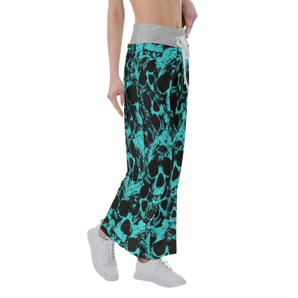 Skull Cyan Pattern Pajama Pants Print Palazzo Lounge