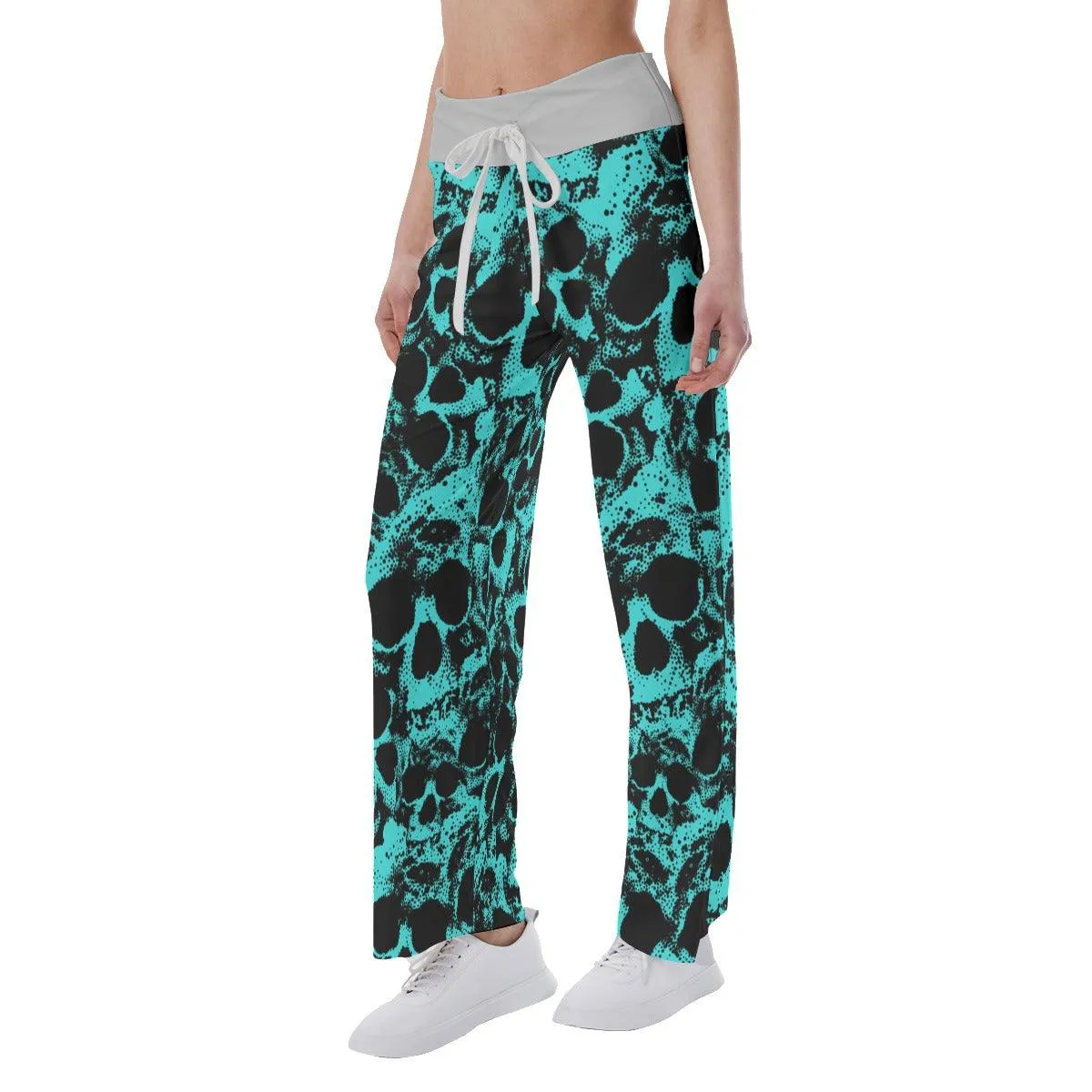 Skull Cyan Pattern Pajama Pants Print Palazzo Lounge