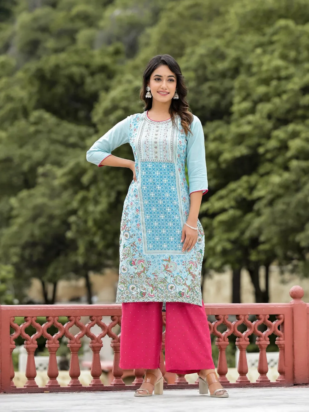 Sky Blue Ethnic Motif Printed Viscose Kurta Pant And Dupatta Set With Sequins Work And Beads Work