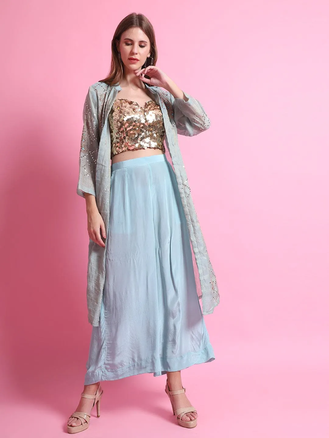 Sky Blue Mukaish Co-Ord Set With Overlay