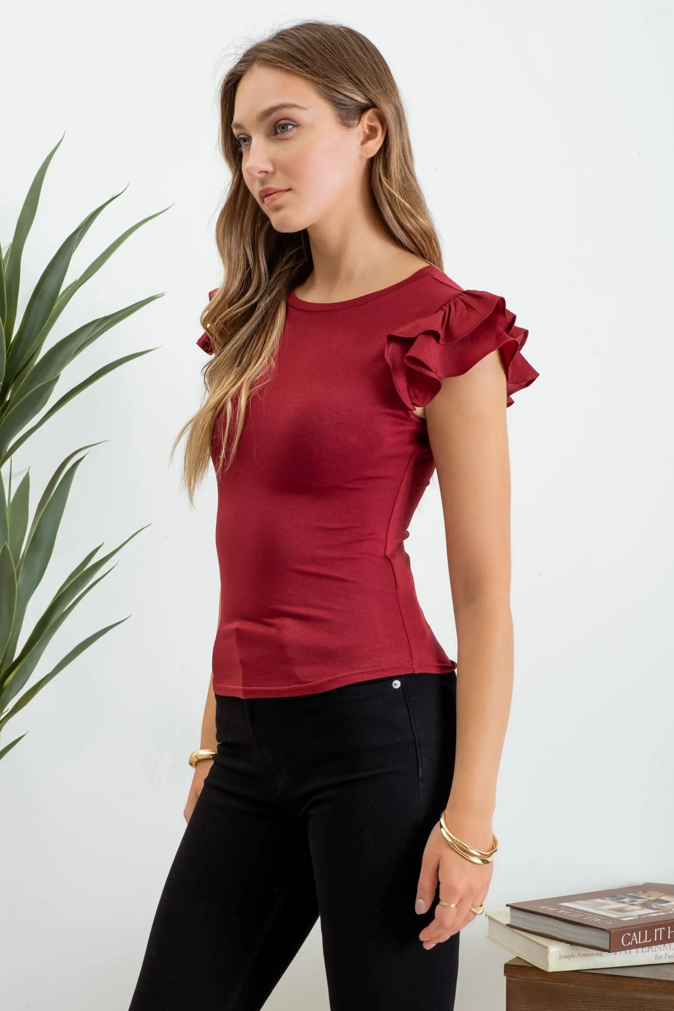 SOLID RUFFLE FLUTTER SLEEVE KNIT TOP