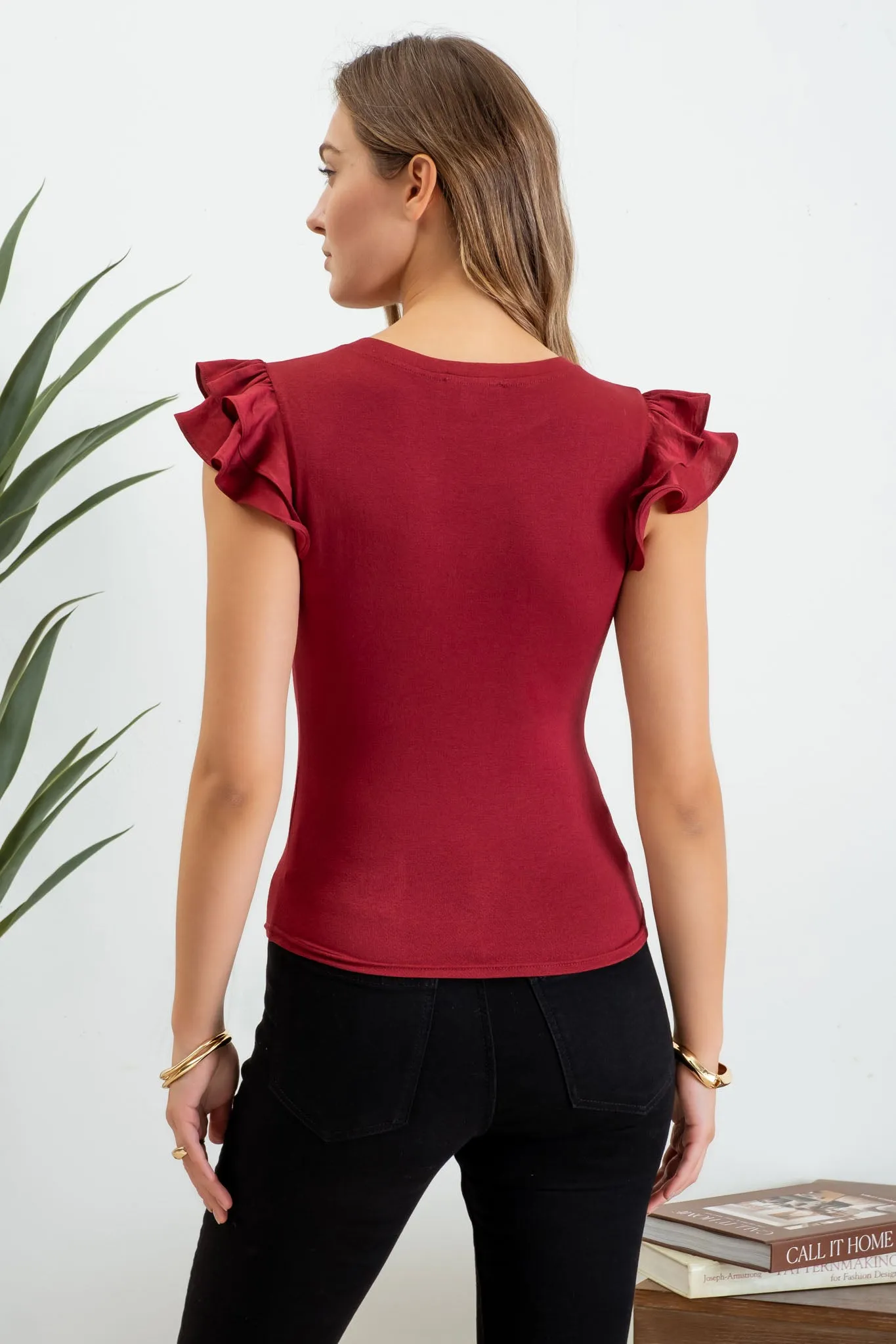 SOLID RUFFLE FLUTTER SLEEVE KNIT TOP