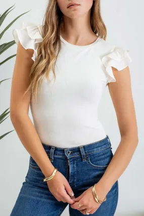 SOLID RUFFLE FLUTTER SLEEVE KNIT TOP