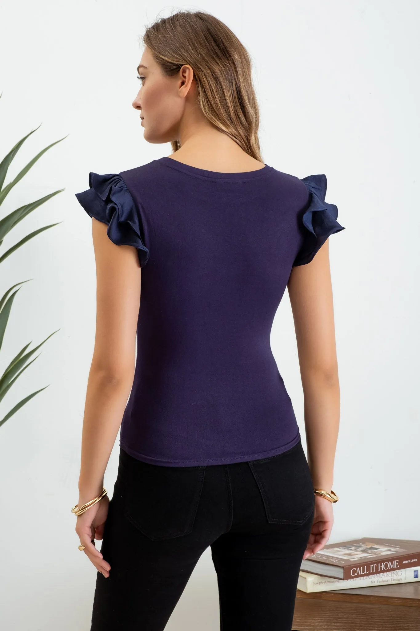 SOLID RUFFLE FLUTTER SLEEVE KNIT TOP