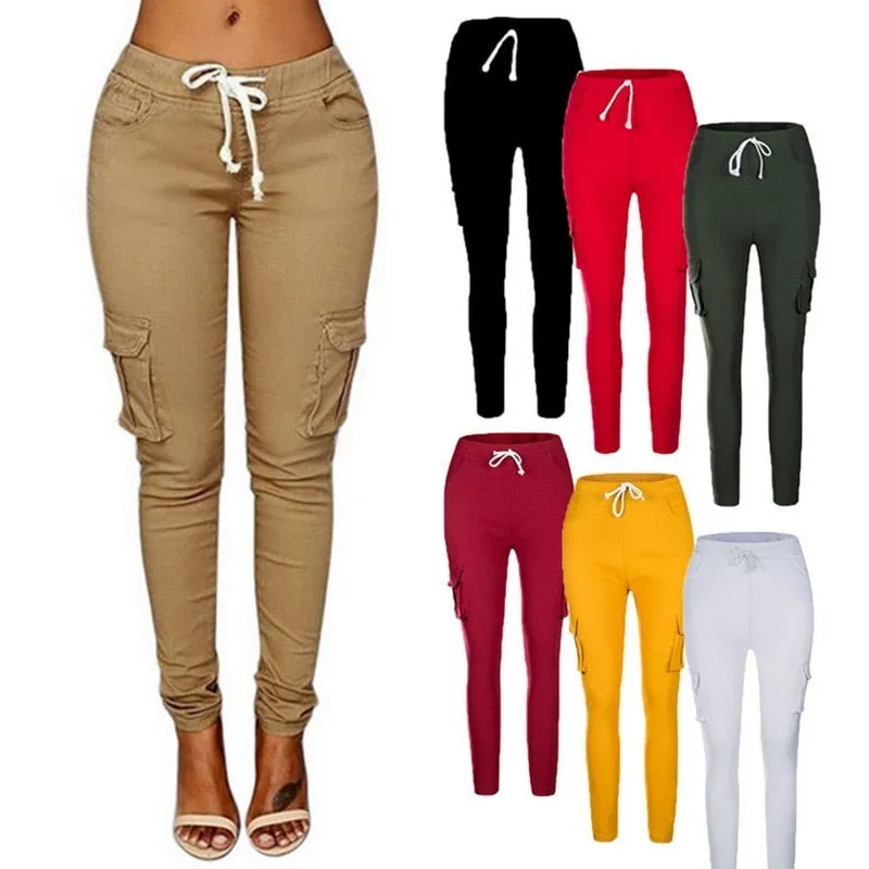 Spring Lace Up Waist Casual Women Pants Solid Pencil Pants Multi-Pockets Plus Size Straight Slim Fit Trousers