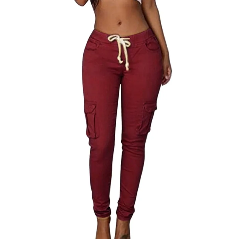 Spring Lace Up Waist Casual Women Pants Solid Pencil Pants Multi-Pockets Plus Size Straight Slim Fit Trousers