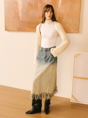 Stone Washed Demin Skirt with Frayed Hem