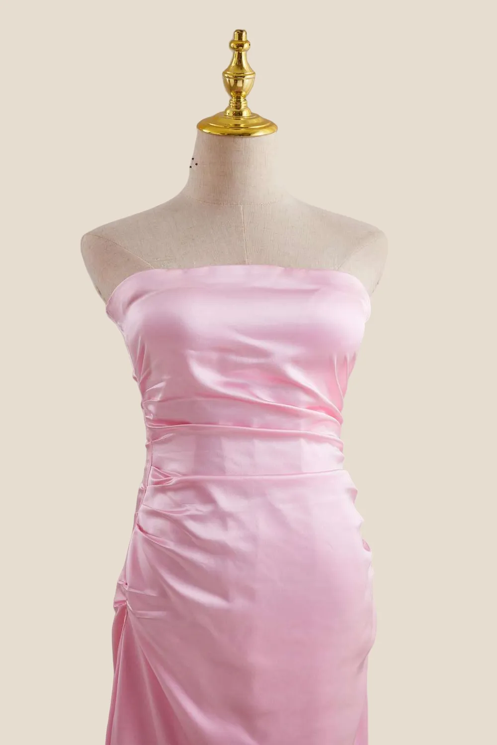 Strapless Pink Ruched Satin Long Dress