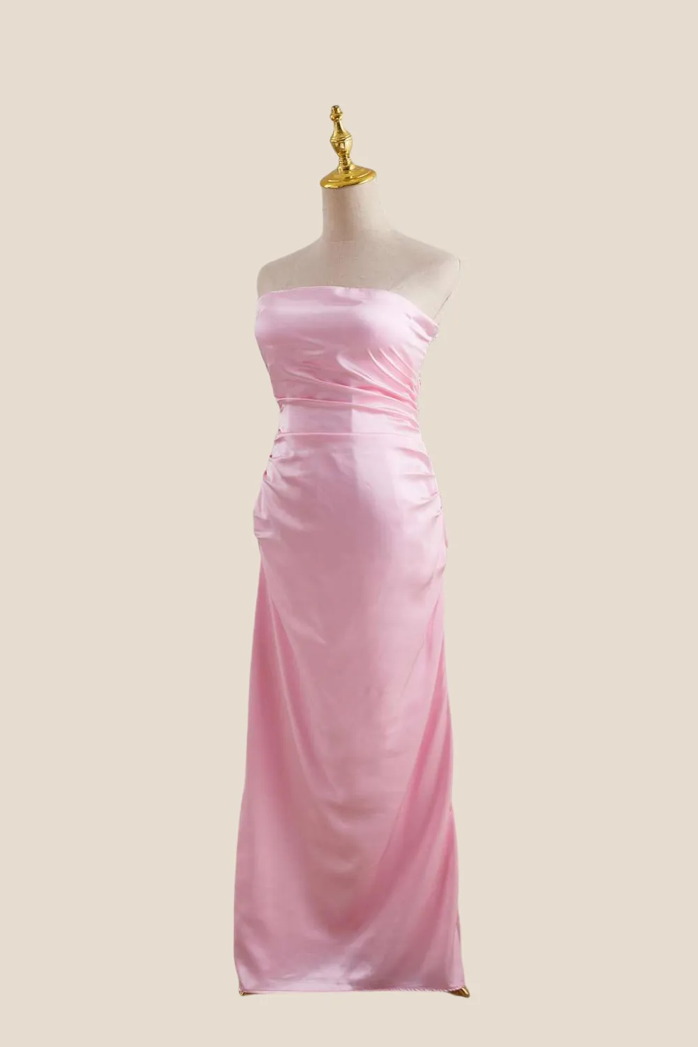 Strapless Pink Ruched Satin Long Dress