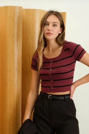 STRIPE SHORT SLEEVE BUTTON DOWN KNIT CROP TOP