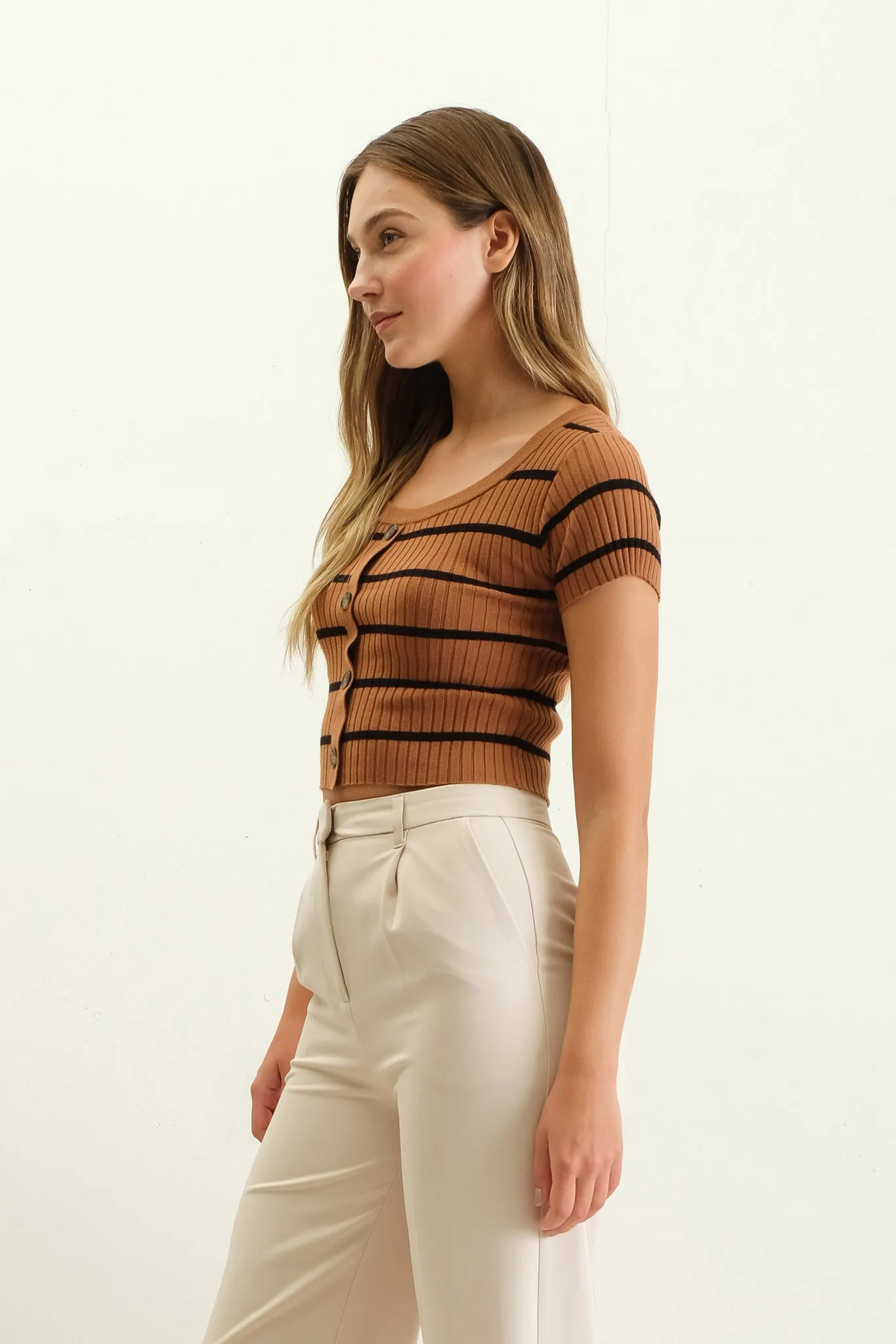 STRIPE SHORT SLEEVE BUTTON DOWN KNIT CROP TOP