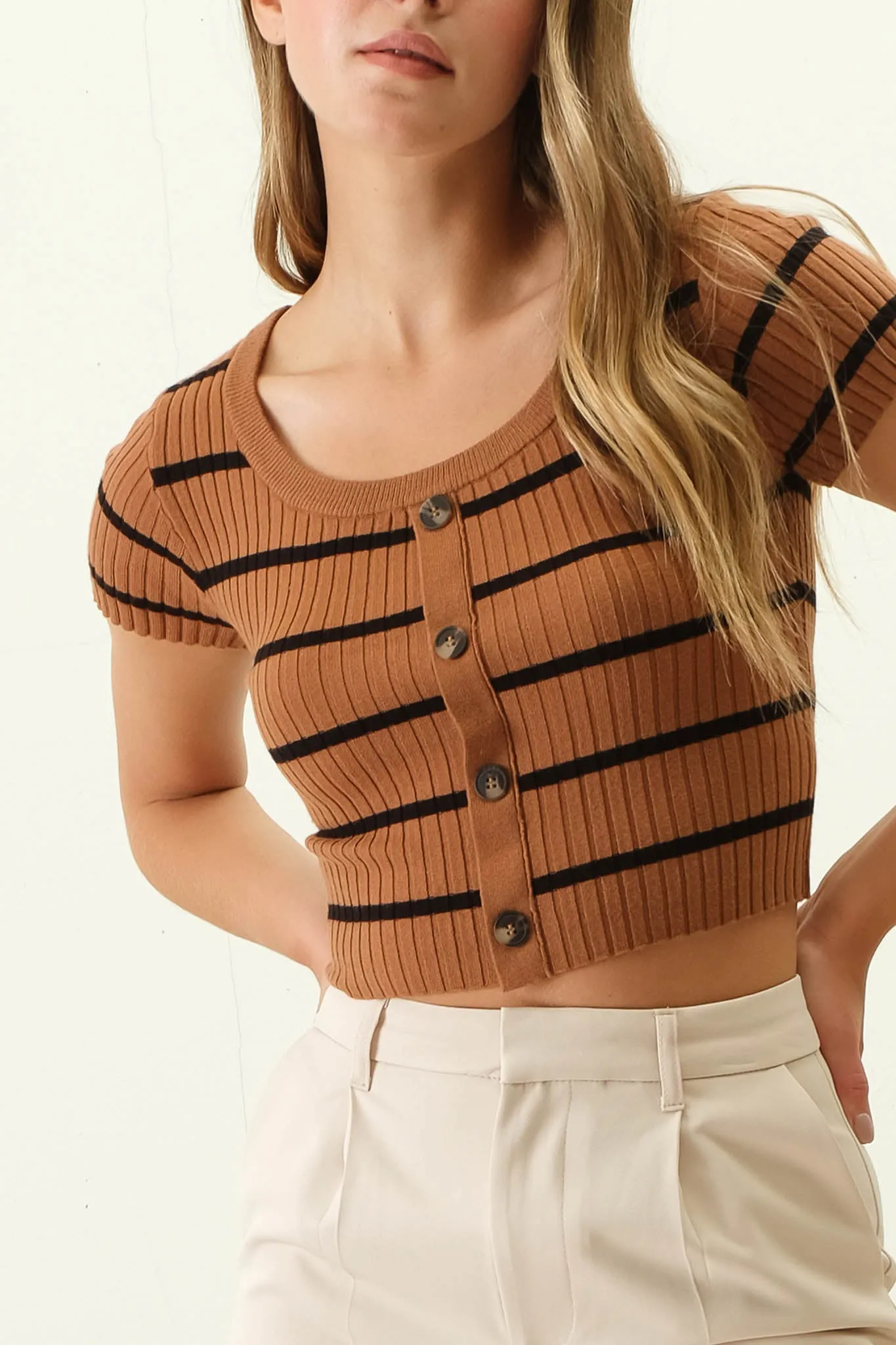 STRIPE SHORT SLEEVE BUTTON DOWN KNIT CROP TOP