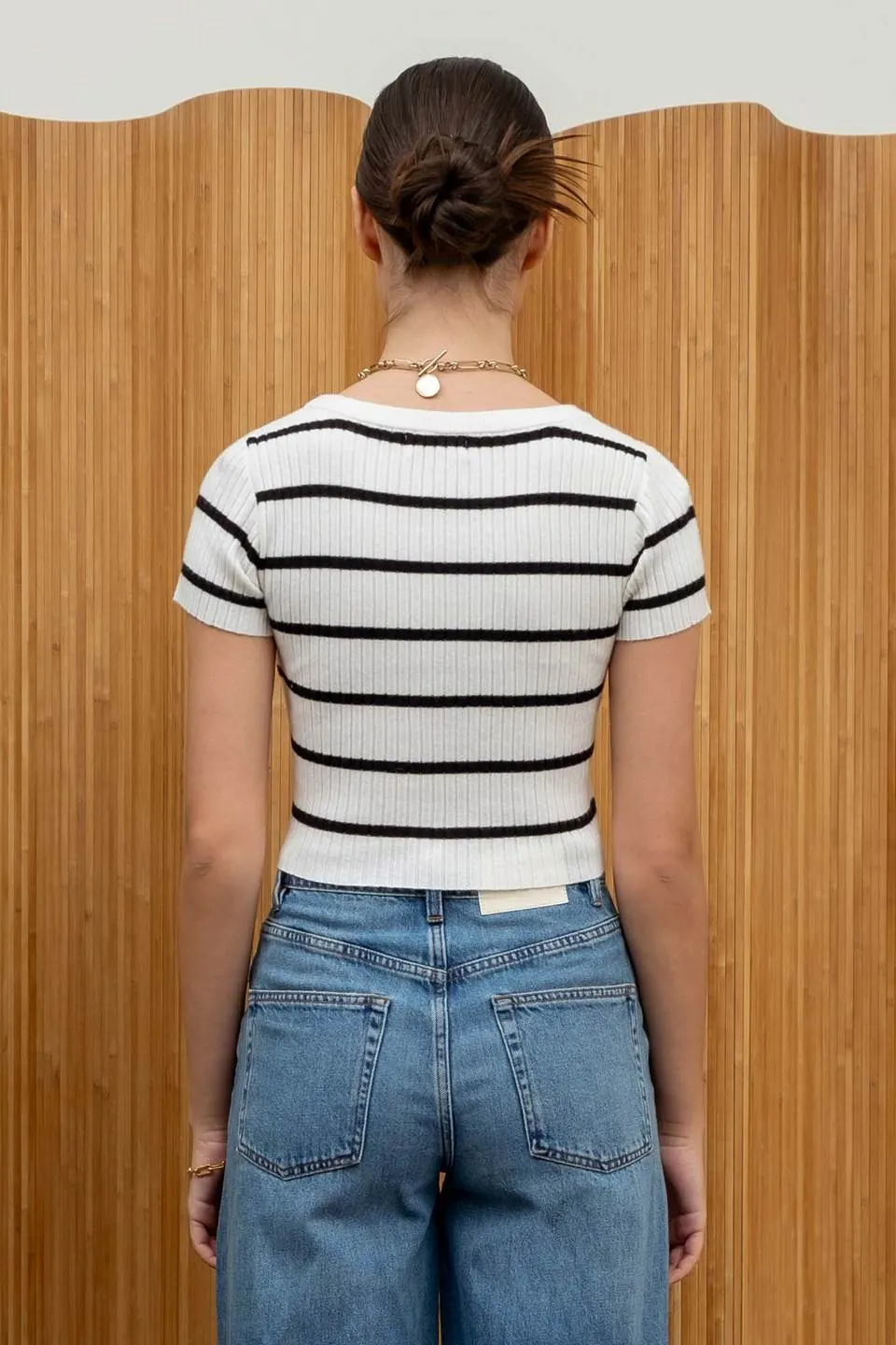 STRIPE SHORT SLEEVE BUTTON DOWN KNIT CROP TOP