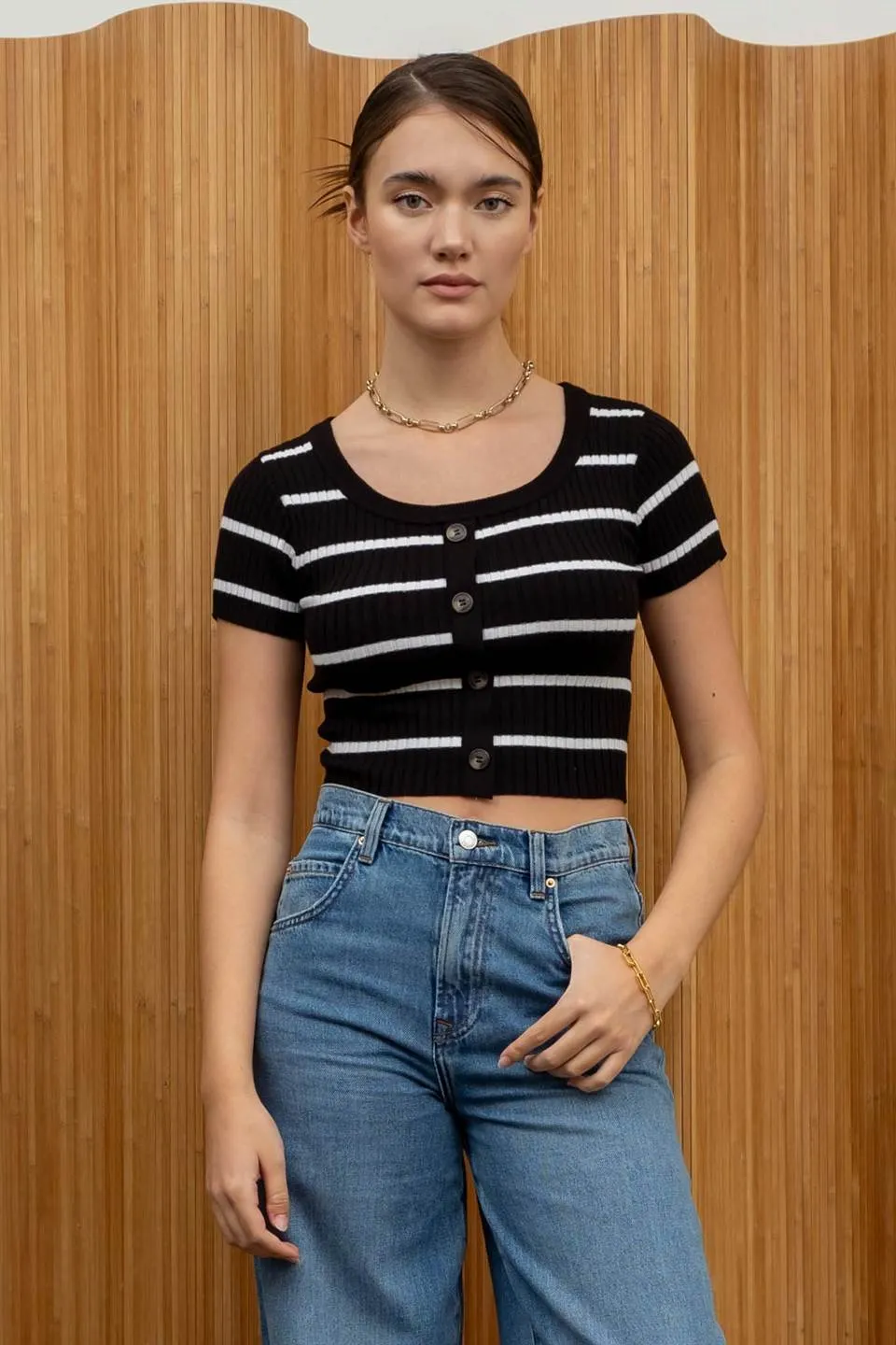 STRIPE SHORT SLEEVE BUTTON DOWN KNIT CROP TOP