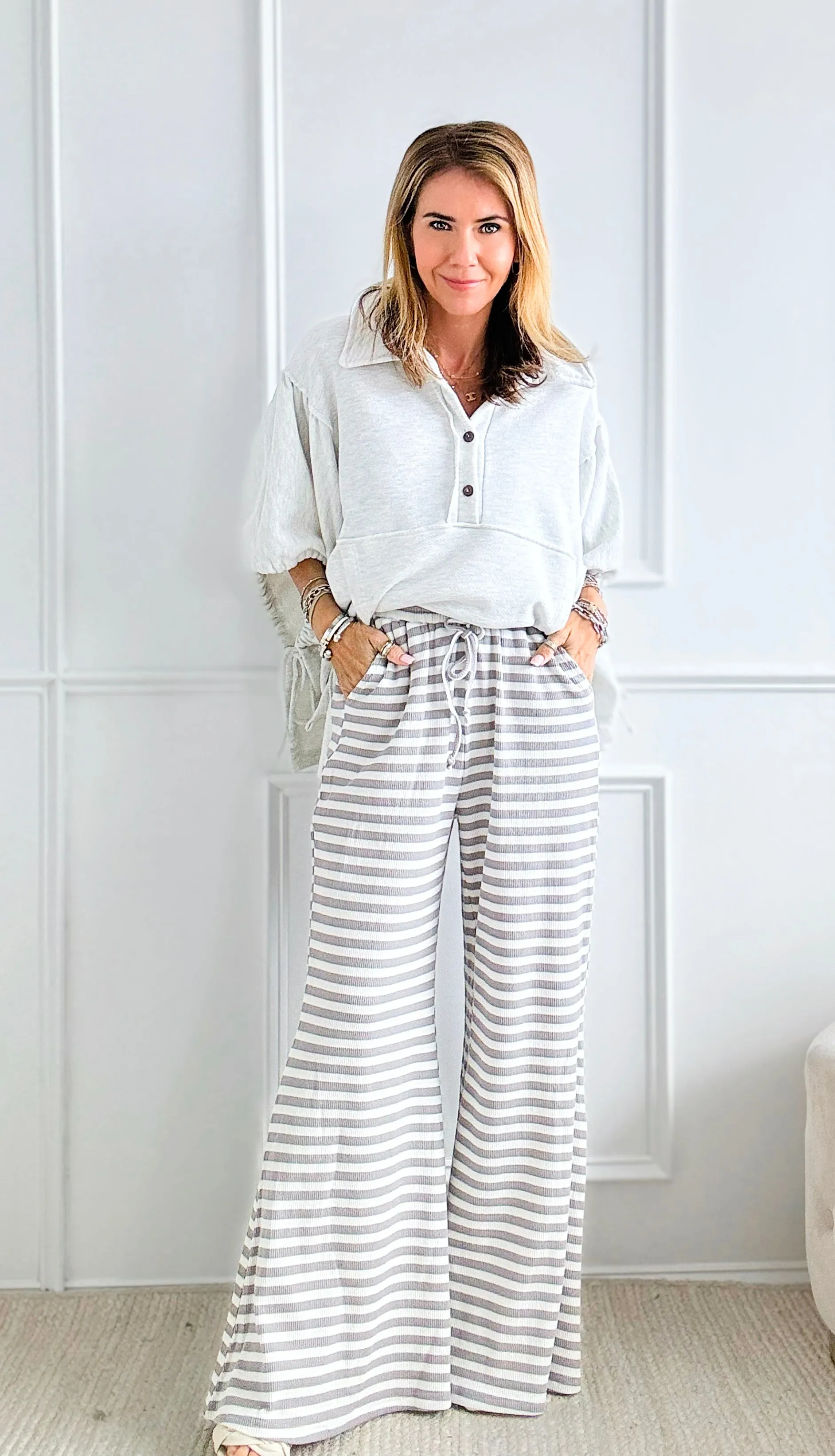 Striped Knit Palazzo Pants Grey