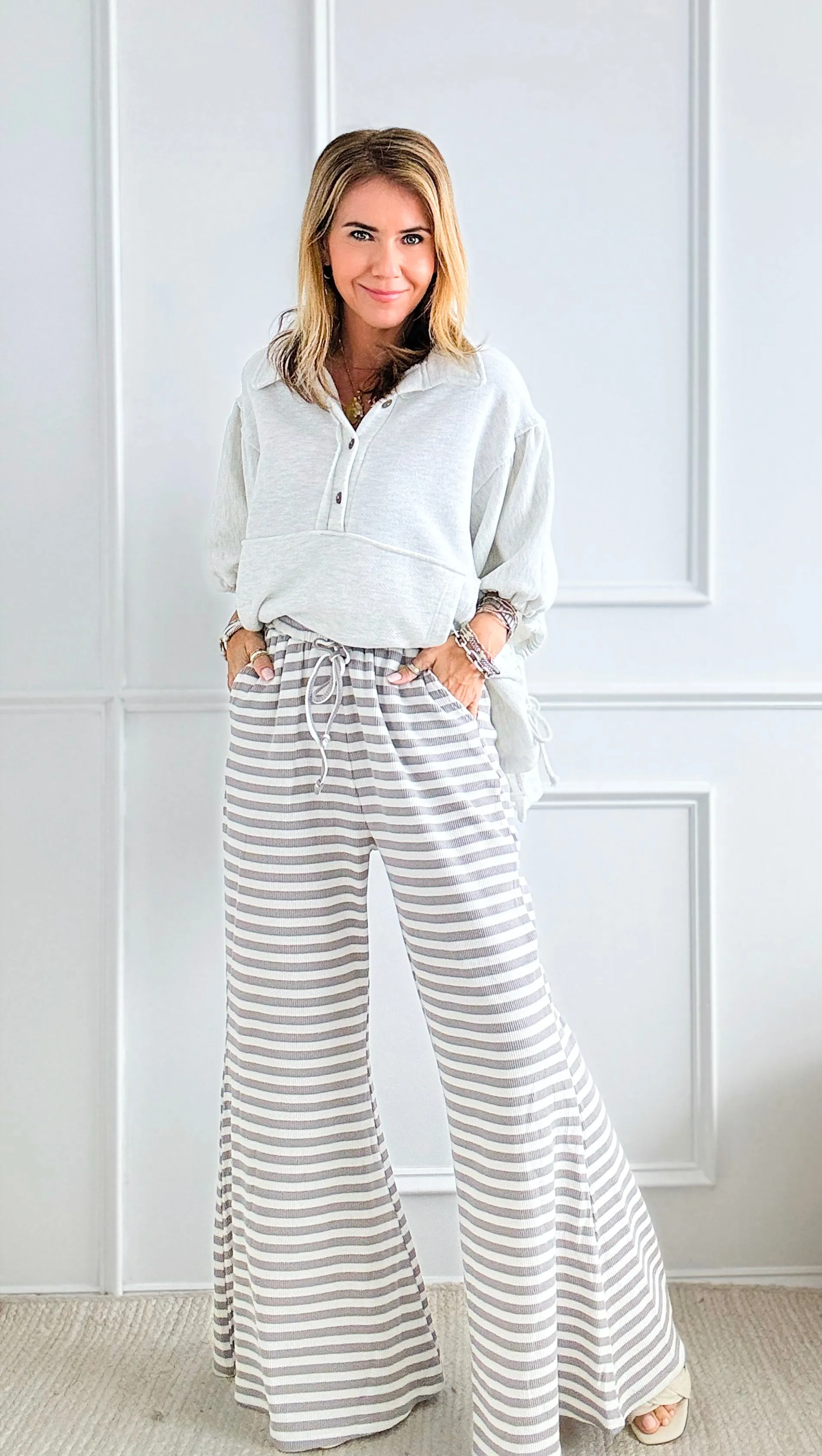 Striped Knit Palazzo Pants Grey