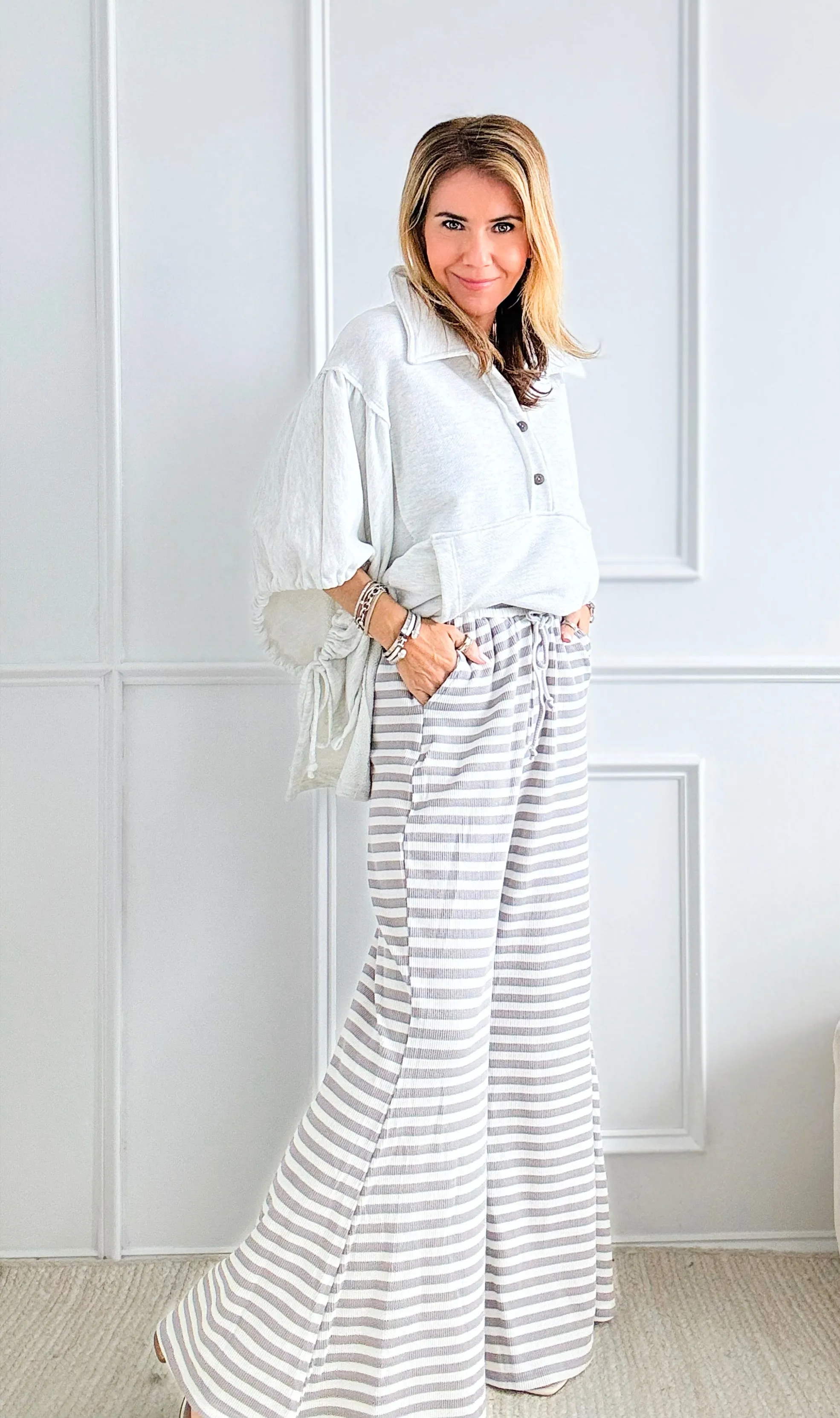 Striped Knit Palazzo Pants Grey