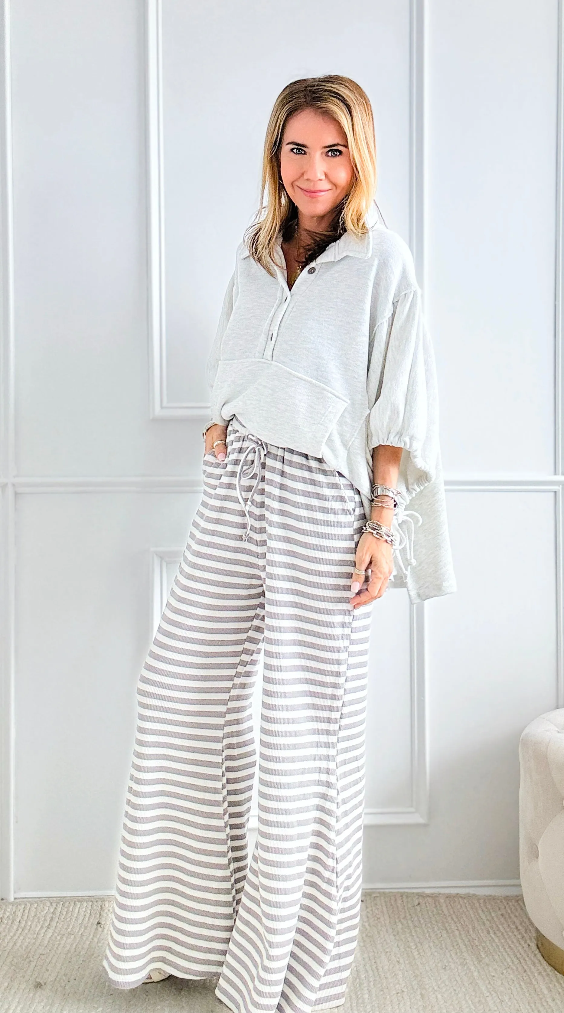 Striped Knit Palazzo Pants Grey