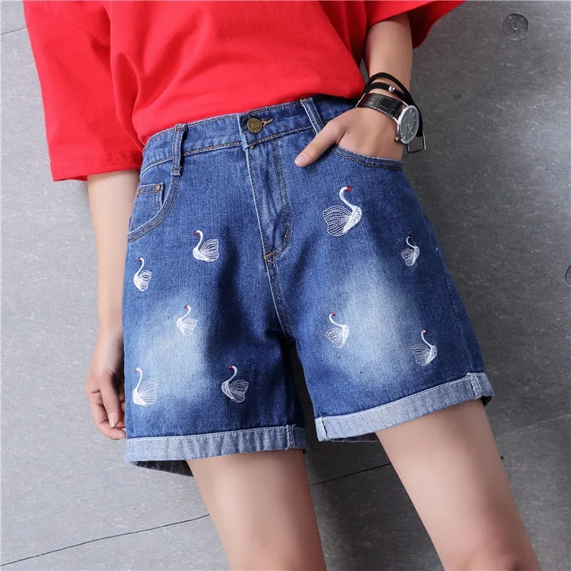 Summer Embroidery Crimping Jeans Elastic Waist Shorts Loose Straight Shorts Jeans For Women Fashion Swan Embroidery