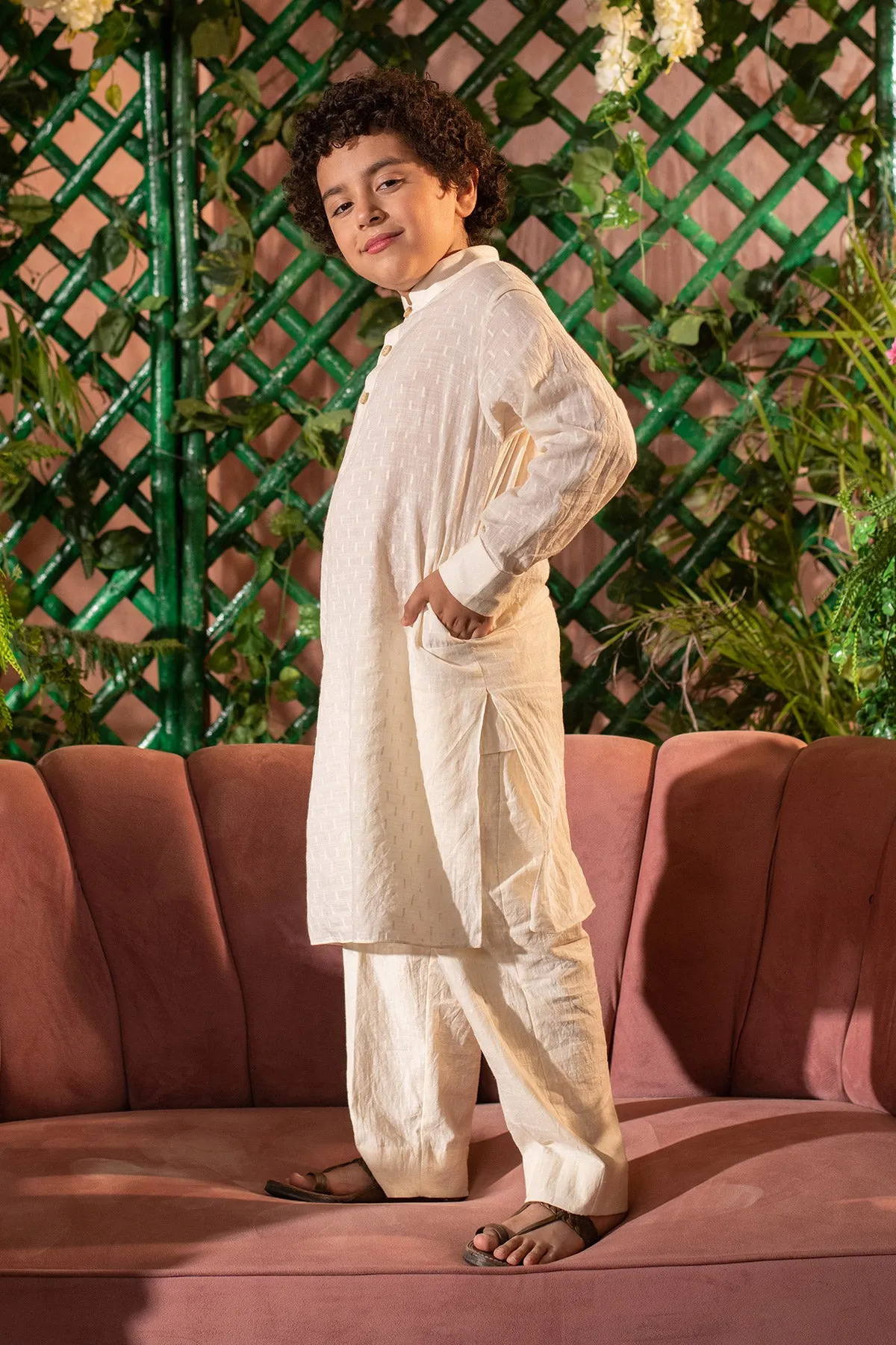 Tad - 

Organic Cotton Dobby Cream Kurta Trouser Set