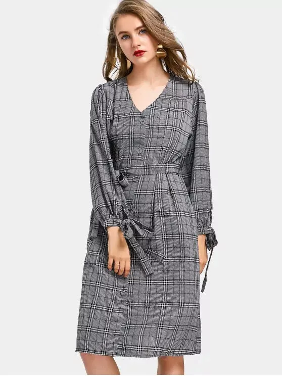 TastyHottie - Cheap Belted Button Up Checked Shirt Dress