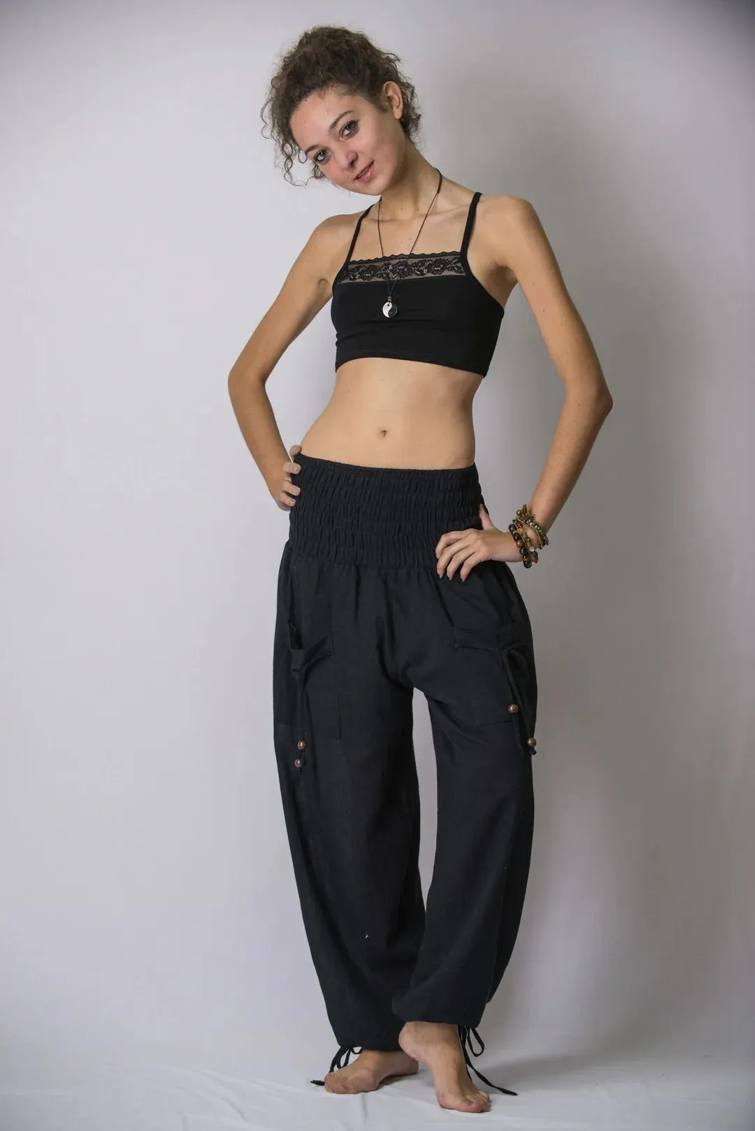 Thai Smocked Waist Cotton Pants in Black, Thailand