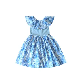 Tropical Palms Blue Mixed Fabric Ruffle Dress