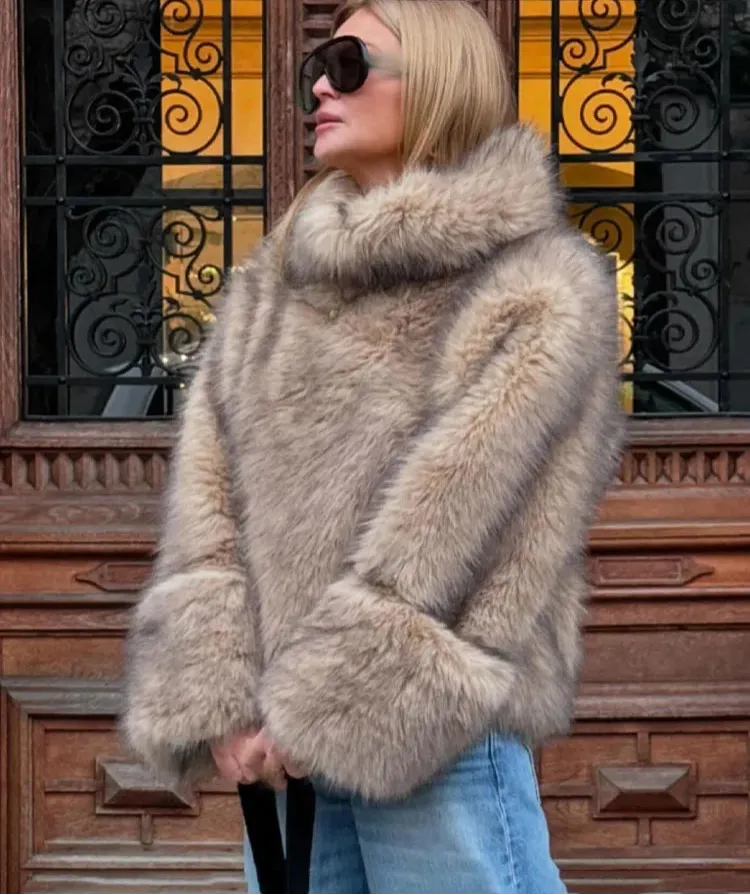 Turtleneck faux fur fluffy coat