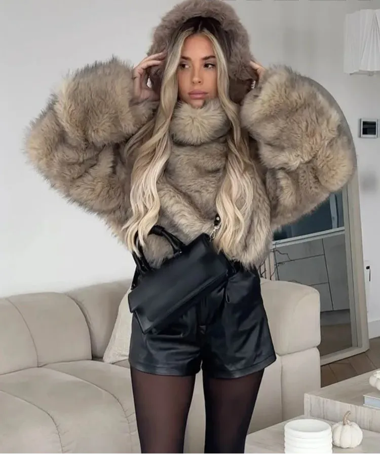 Turtleneck faux fur fluffy coat