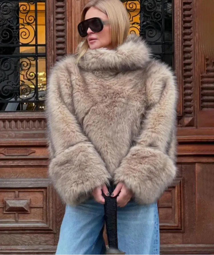 Turtleneck faux fur fluffy coat