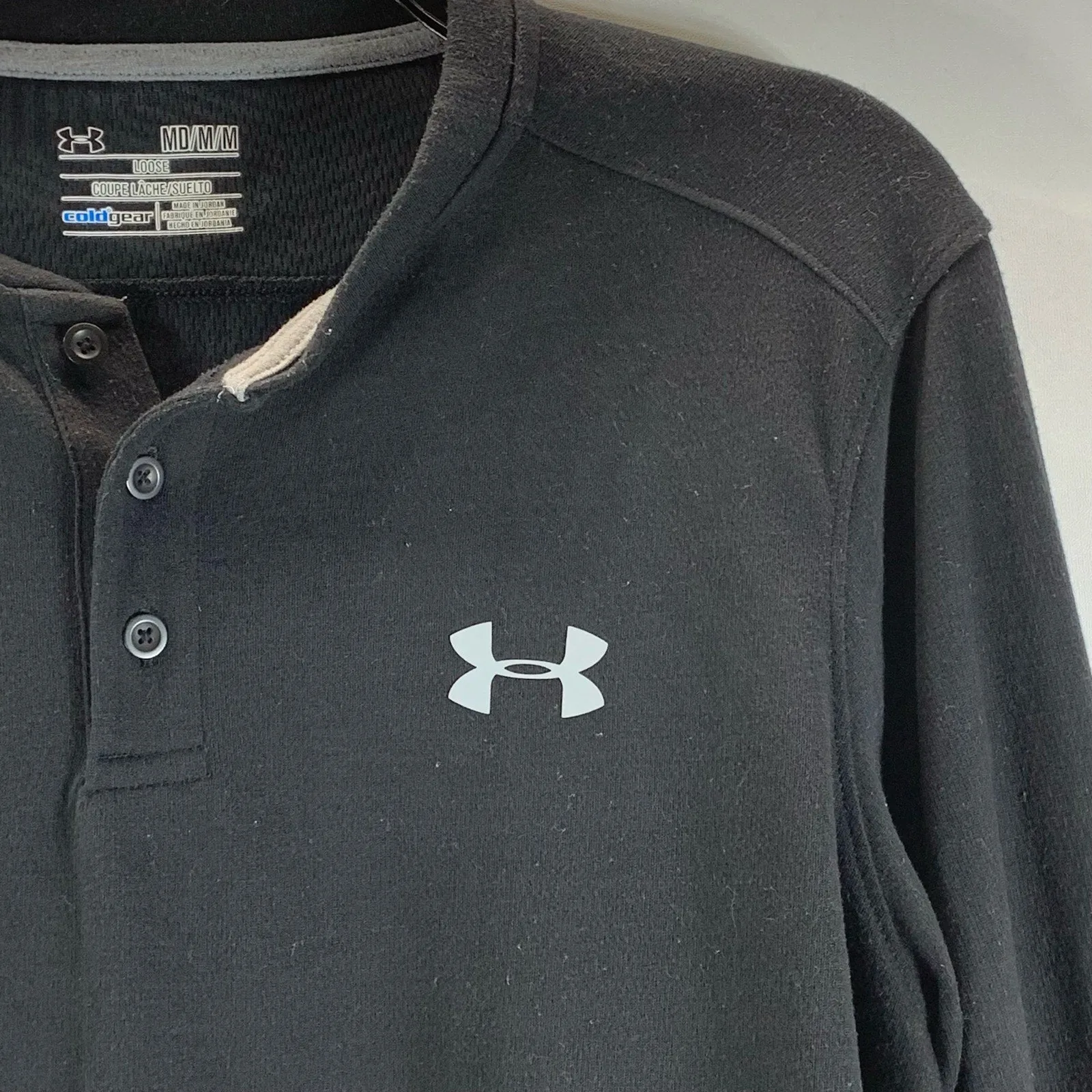 UNDER ARMOUR Men's Black ColdGear Loose-Fit Logo Infrared Henley Shirt SZ M