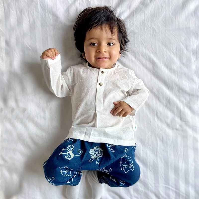 UNISEX ORGANIC WHITE KURTA   ZOO PRINT INDIGO PANTS