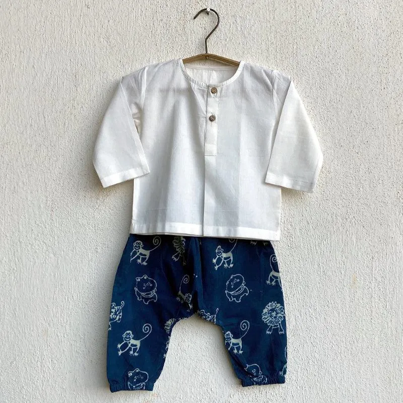 UNISEX ORGANIC WHITE KURTA   ZOO PRINT INDIGO PANTS