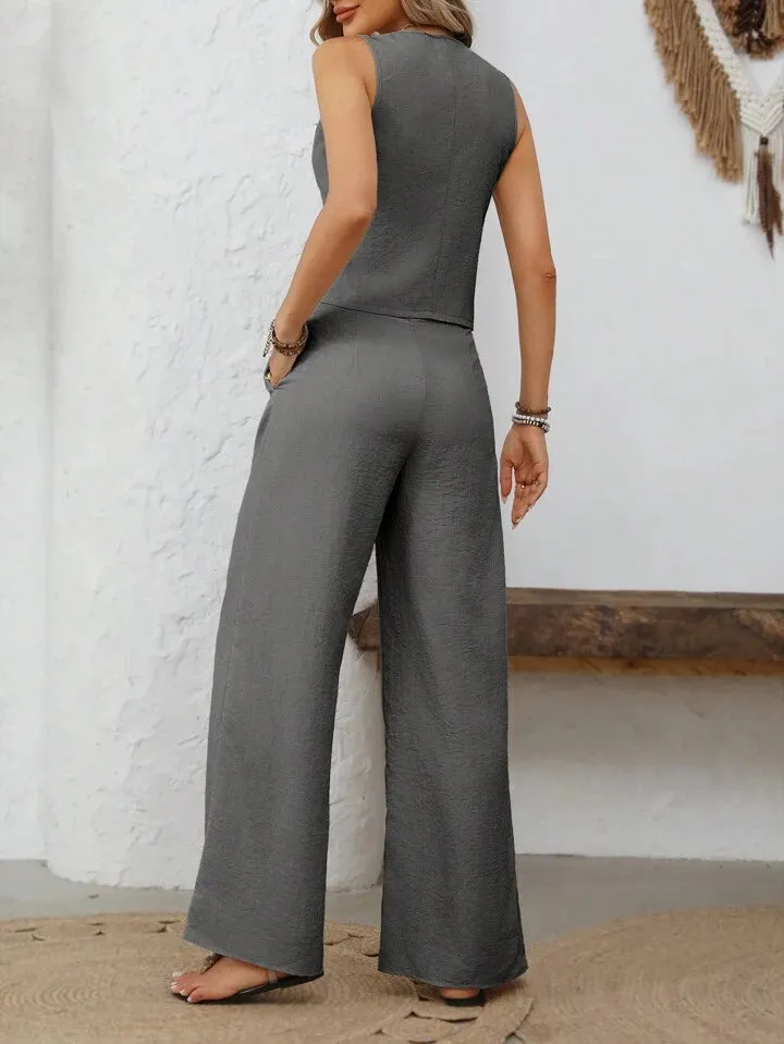 V neck button sleeveless vest & straight leg pants in grey