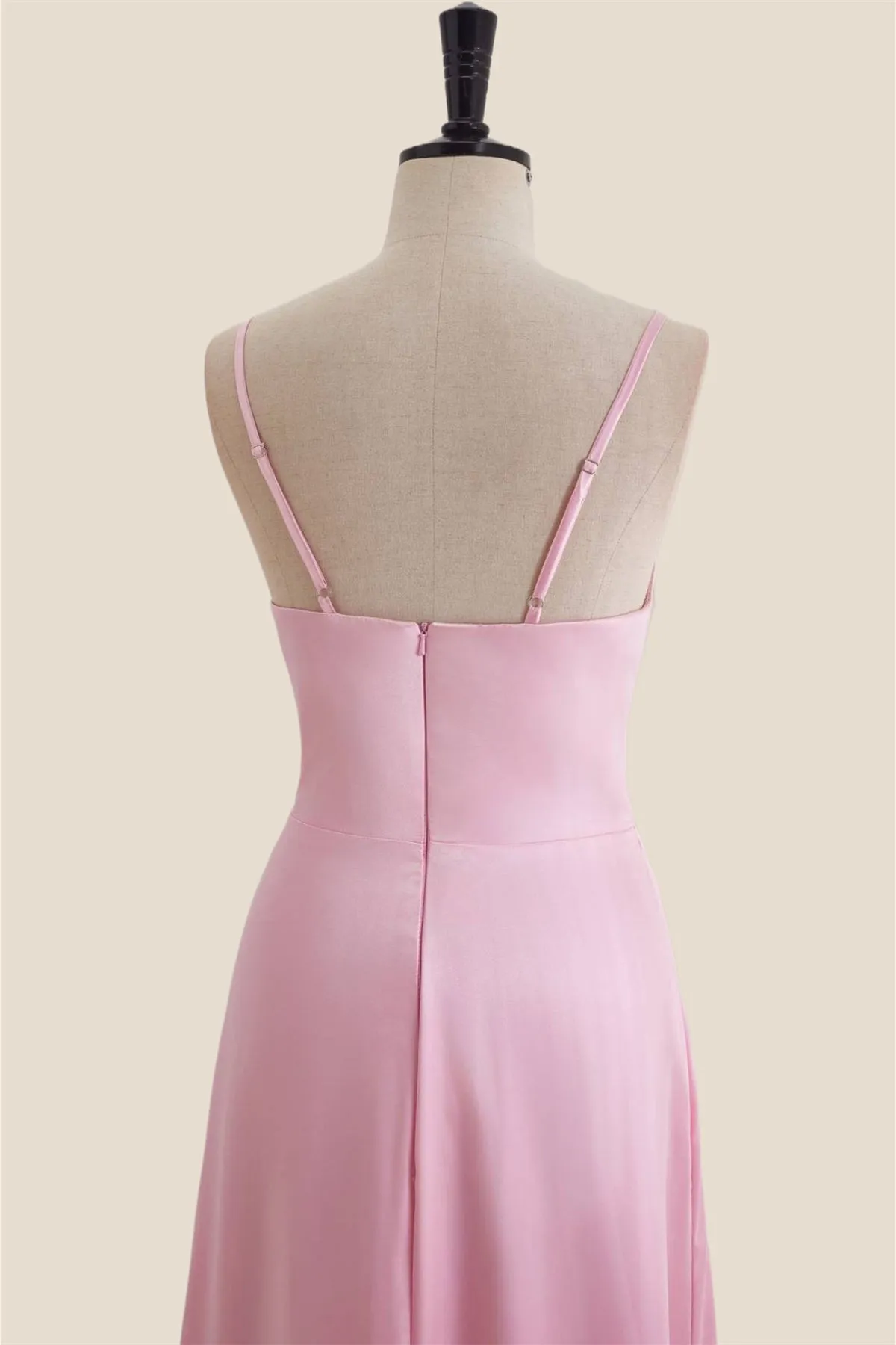 V Neck Pink Satin A-line Long Party Dress