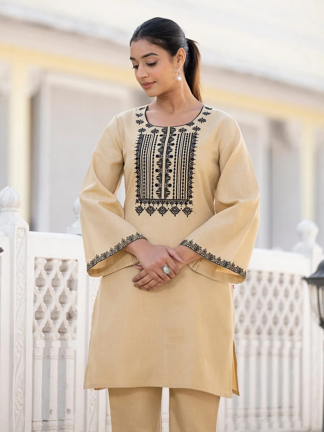 Varanga Biege Floral Embroidered Round Neck Co-Ord Set