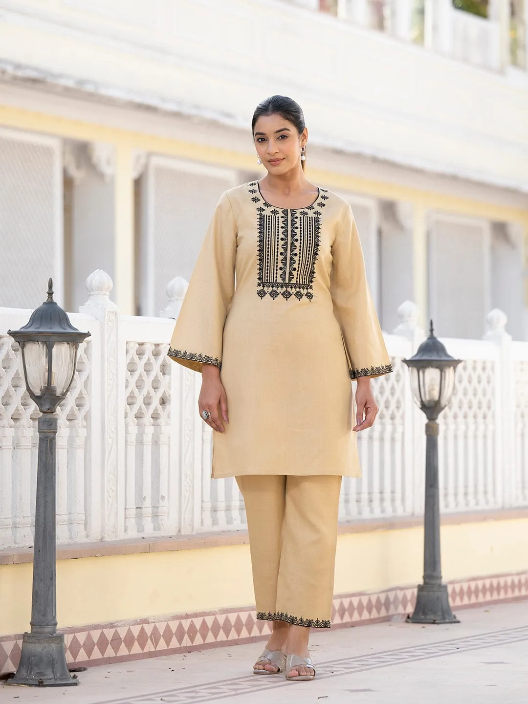 Varanga Biege Floral Embroidered Round Neck Co-Ord Set