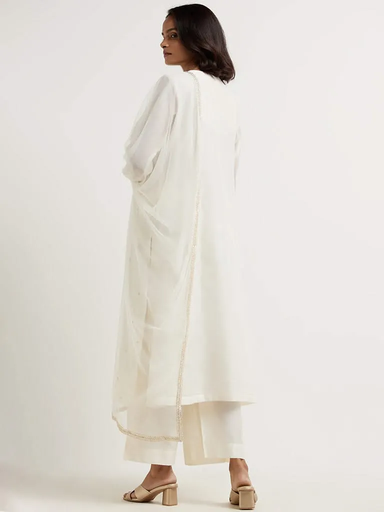 Vark Off White Kurta, Palazzos & Dupatta Set