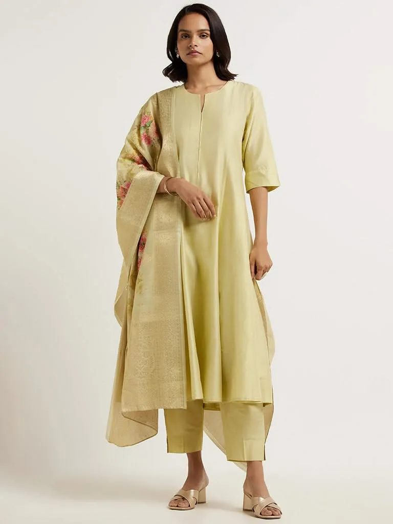 Vark Solid Lime Kurta, Straight Pants & Floral Printed Dupatta Set