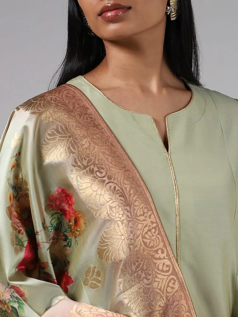 Vark Solid Lime Kurta, Straight Pants and Floral Printed Dupatta Set